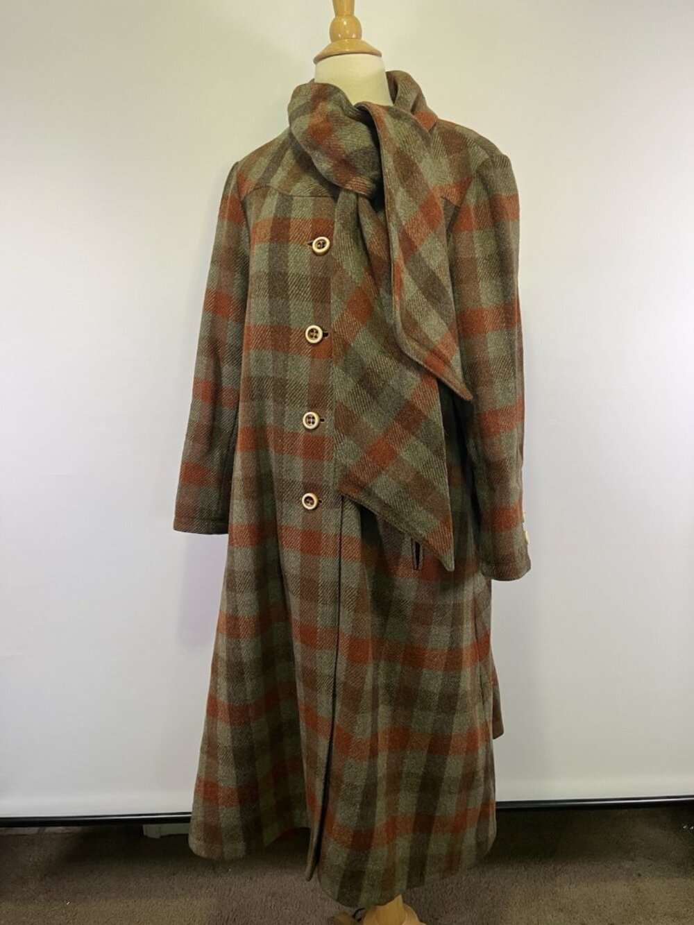 VTG 60s 70s Plaid Wool Blend Maxi Coat Rust Brown Scarf Collar Mod Mid Century